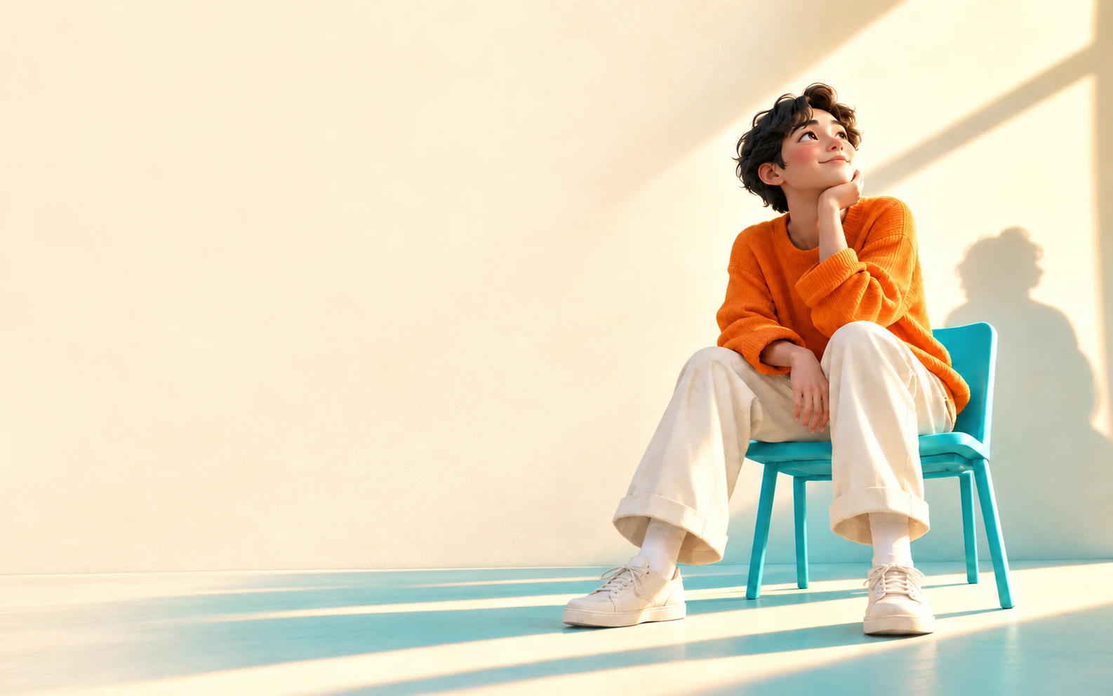 A thoughtful person in an orange sweater, sitting in warm sunlight on a turquoise chair.