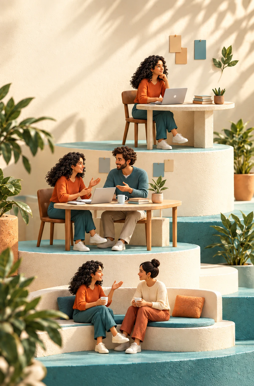 Illustrations of quiet reflection, working together and connecting with a friend.