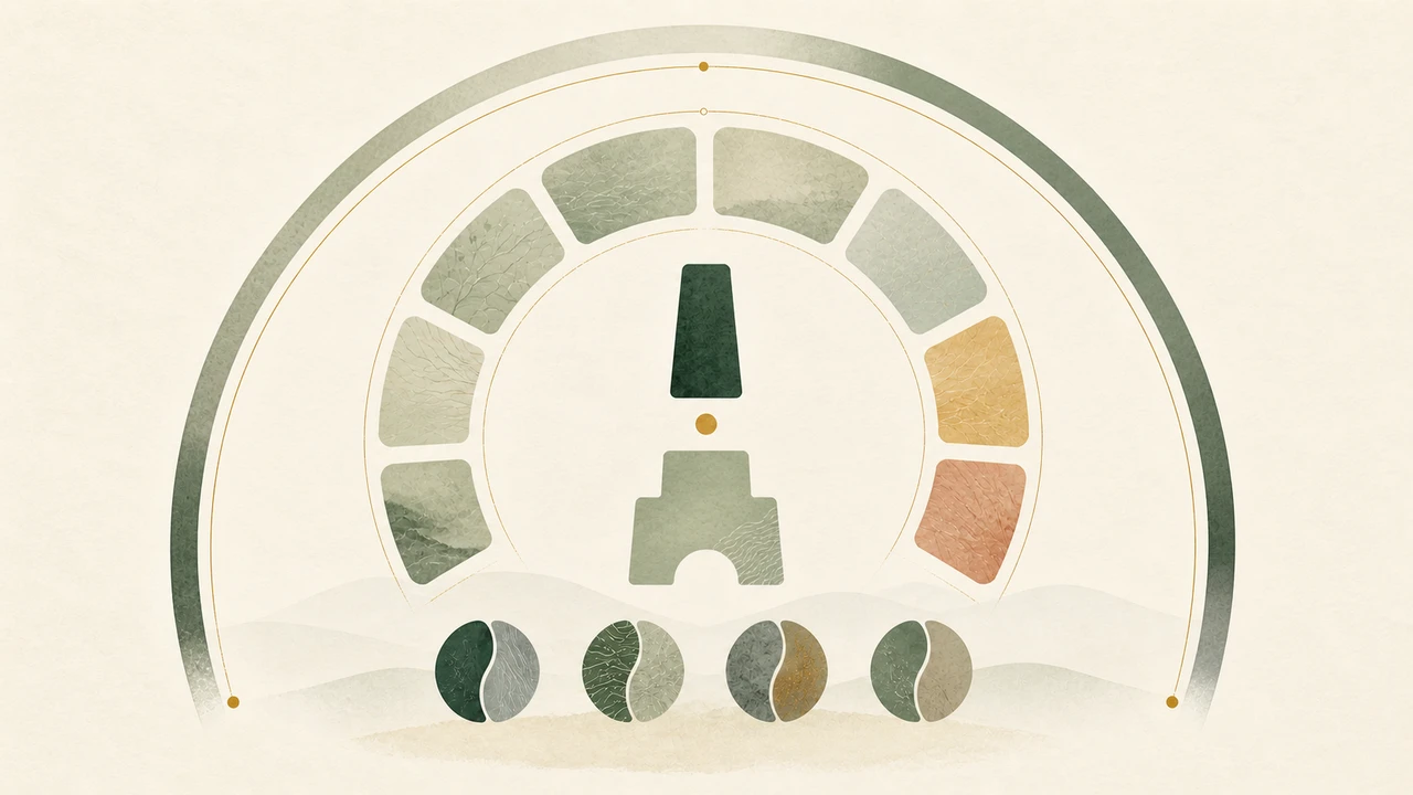 A paired annual marker surrounded by twelve abstract time windows and four foundational chart forms