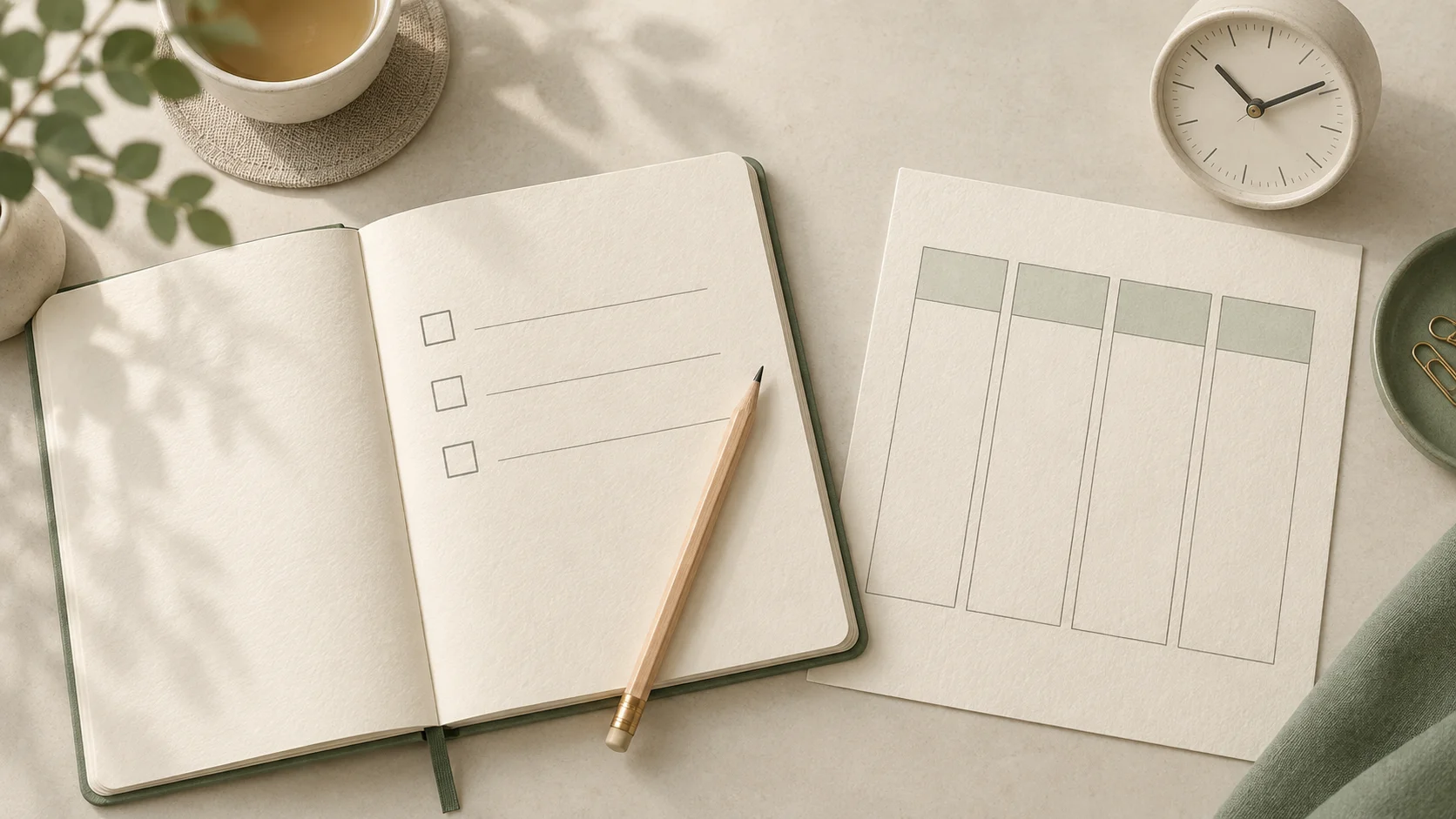 Illustrated notebook with a blank checklist beside a clock and four empty chart columns