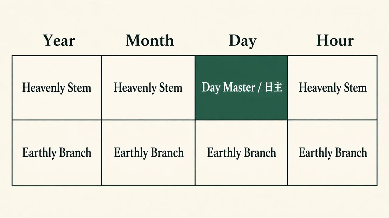 Four-column BaZi chart diagram highlighting the Heavenly Stem at the top of the Day Pillar as the Day Master