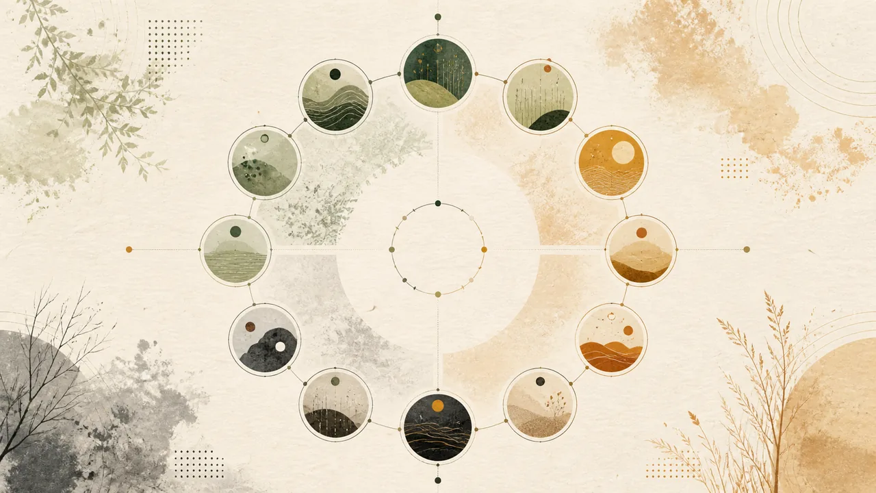 Twelve abstract forms arranged around a seasonal cycle to represent the Earthly Branches