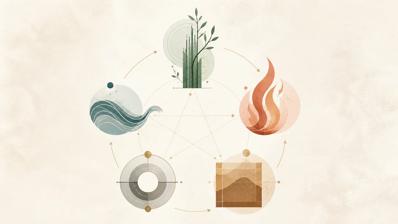 Five abstract forms connected in a cycle to represent Wood, Fire, Earth, Metal and Water