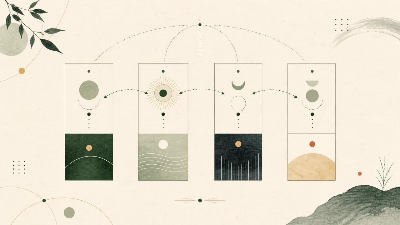 Four abstract chart pillars connected by a reading path that begins at a central reference point