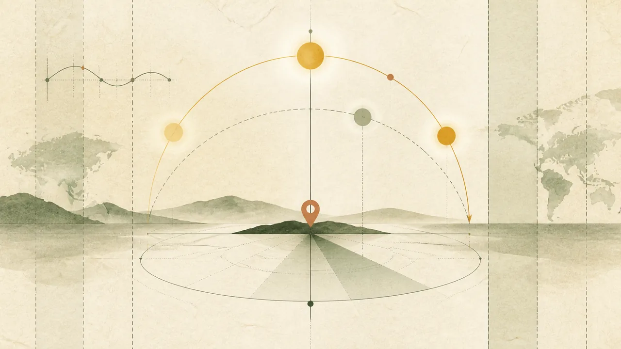 A solar arc, longitude lines and a location marker illustrating local solar-time adjustment