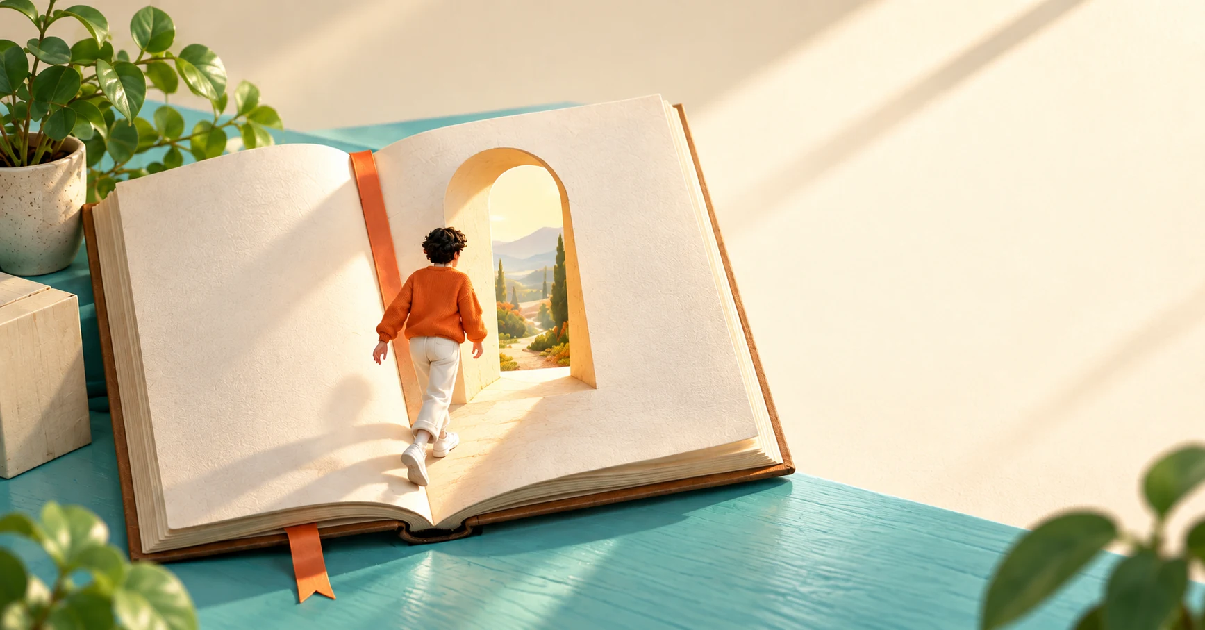 An open book, with a person in an orange sweater stepping through a doorway in its pages.