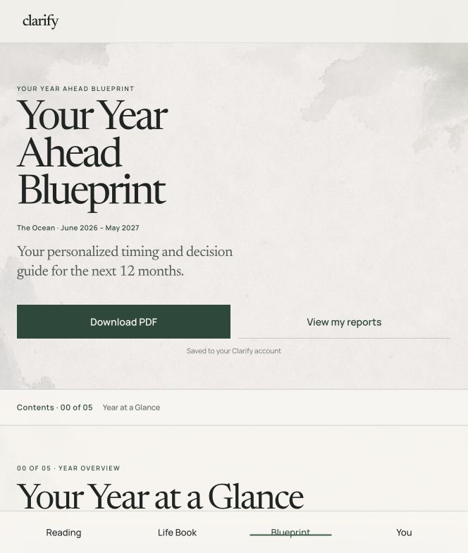 Example Clarify Year Ahead Blueprint report cover and year overview